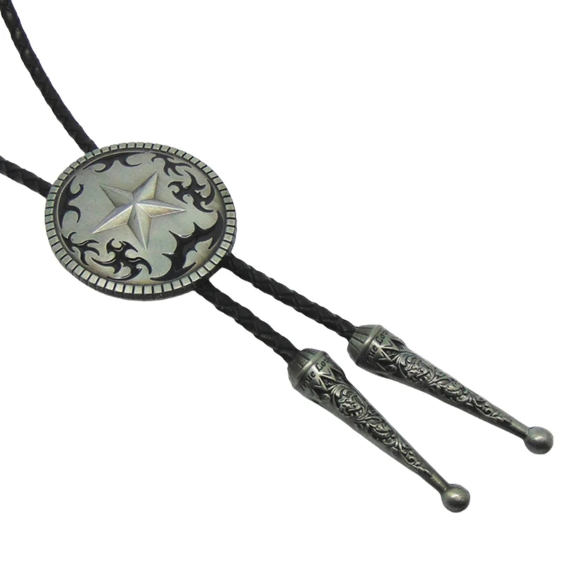 A2ES Braided Shoestring Bolo Tie with Engraving Star Charm Cowboy Necktie Necklace Country Bolo Tie Cowboy