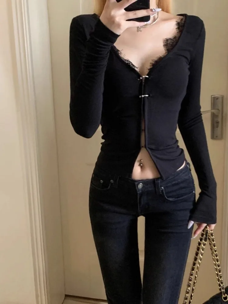 Black Lace Patchwork Knitted Cardigans Women Streetwear Fashion Y2k Aesthetic Coats Korean Vintage Solid Sexy Crop Top All Match