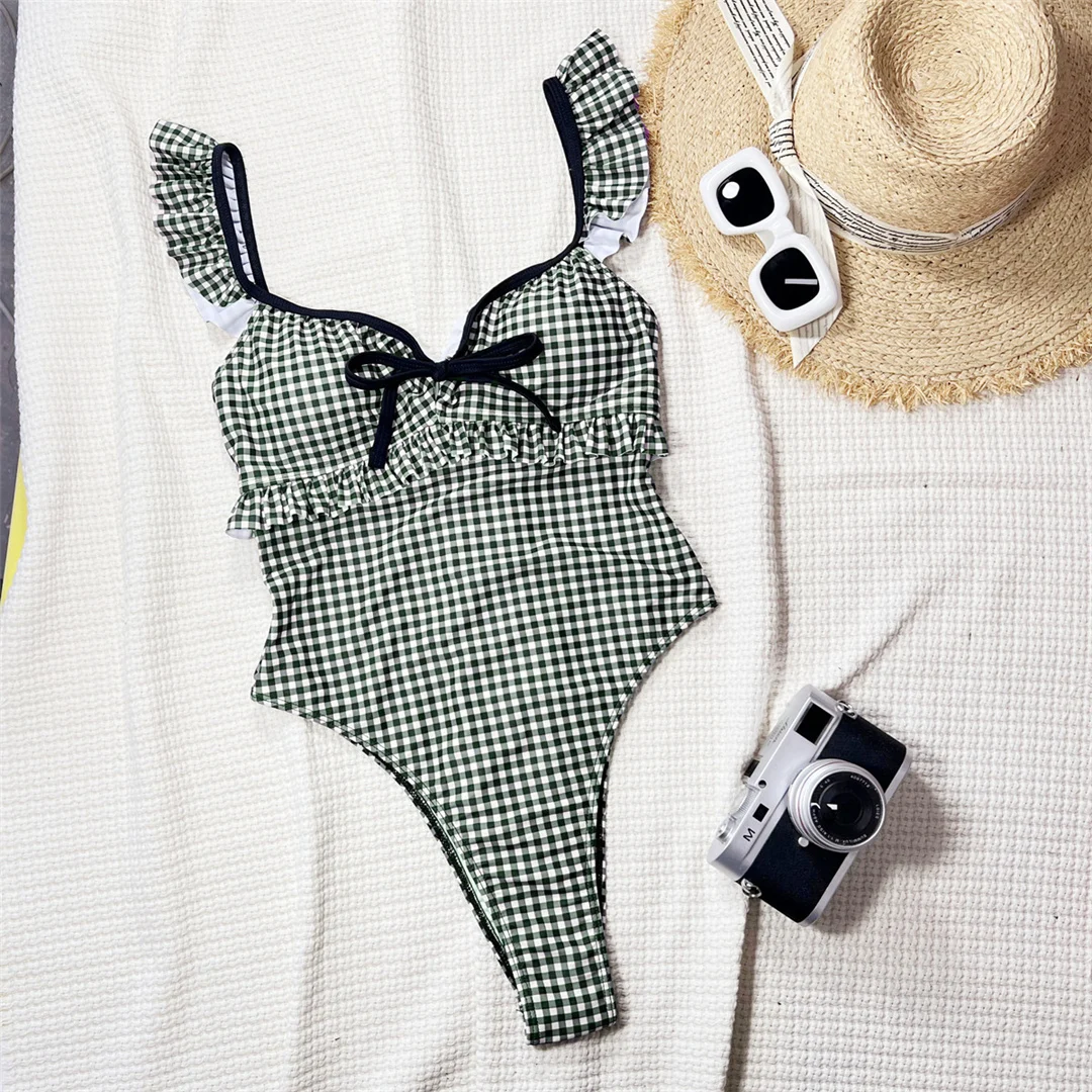 2026 Neuer Karierter Monokini-Badeanzug mit Schleife am Rücken, Rückenfreier Einteiler, Damen-Bademode, Hochgeschnittene Beine, Gepolsterter Badeanzug, Badebekleidung V6928 – Detail 6