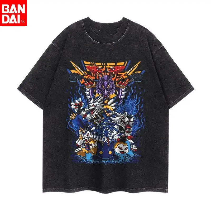 

Футболка мужская Digimon Adventure Metalgarurumon & Gabumon Evolution Line Blue Flame Vintage Wash Print, черная, оверсайз, лето 2026