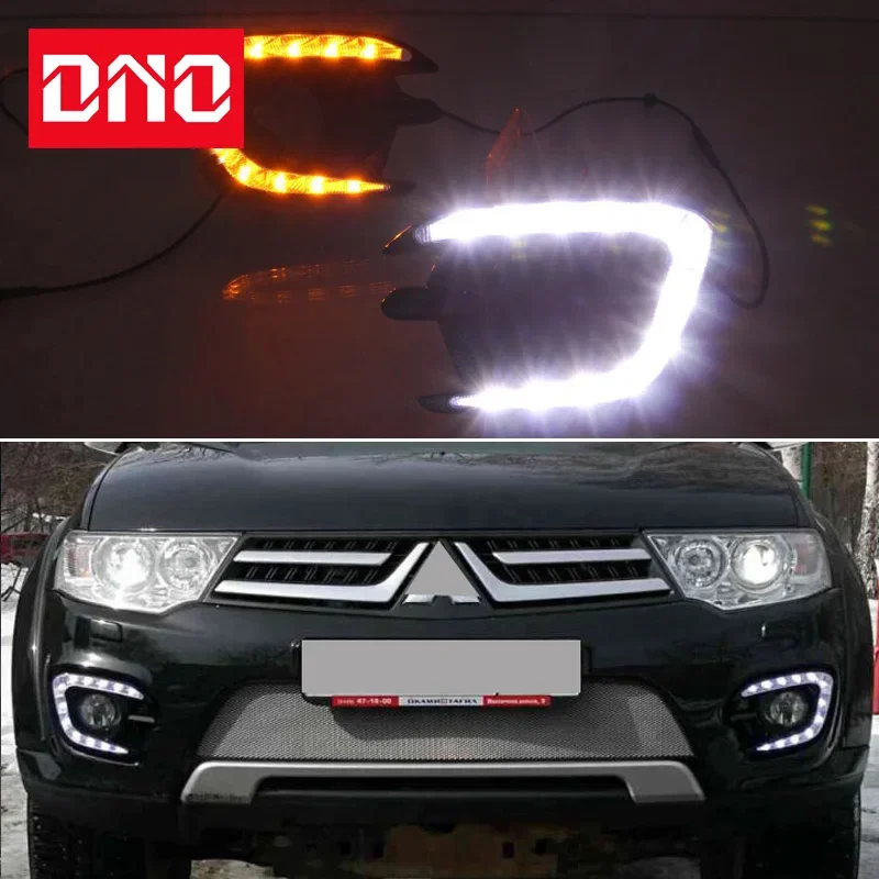 Car LED 12V Daytimes Running Headlamps For Mitsubishi Montero Pajero Sport 2013 2014 Daylights Yellow Turn Signal Car Foglamps