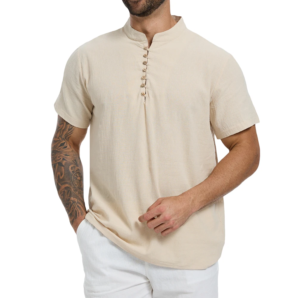 Sommer-Herren-T-Shirt, einfarbig, halb geknöpft, Henley-Ausschnitt, lässige Kurzarm-Oberteile, Baumwolle, Leinen, bequem, leicht, klassische T-Shirts – Detail 6
