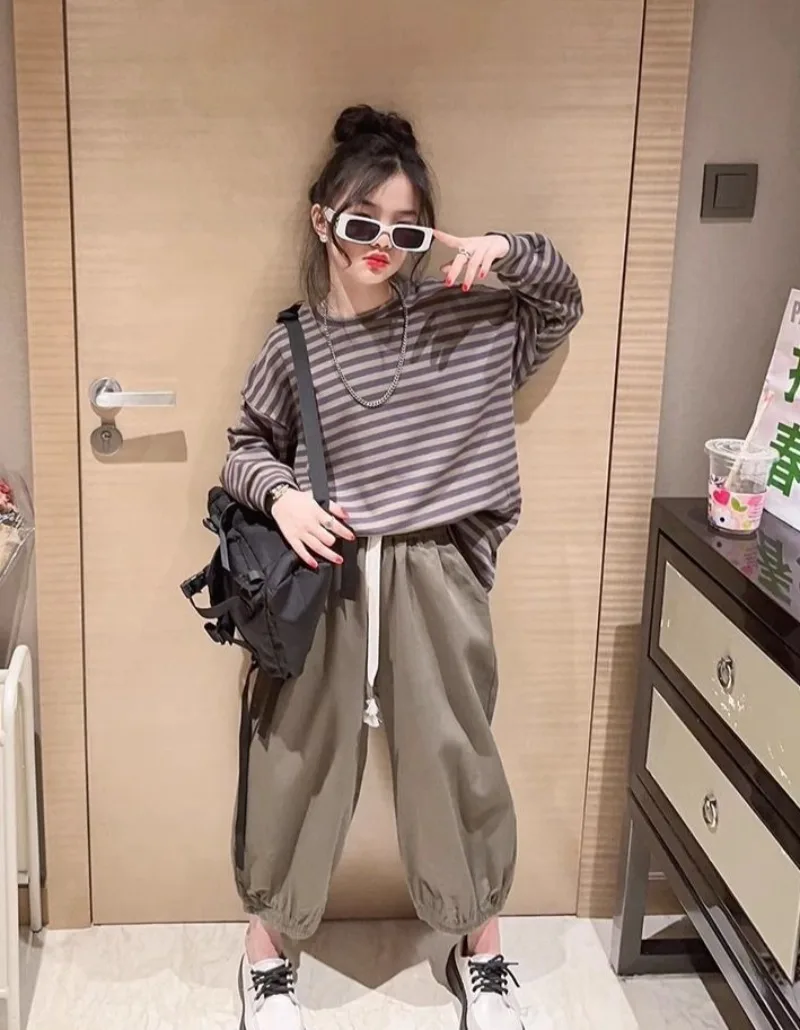 2025 أطفال فتاة الموضة القديمة الكورية تي شيرت كم طويل تي شيرت 6 7 من 8 11 4 مخطط تي شيرت الملابس للفتيات 10 إلى 12 سنة