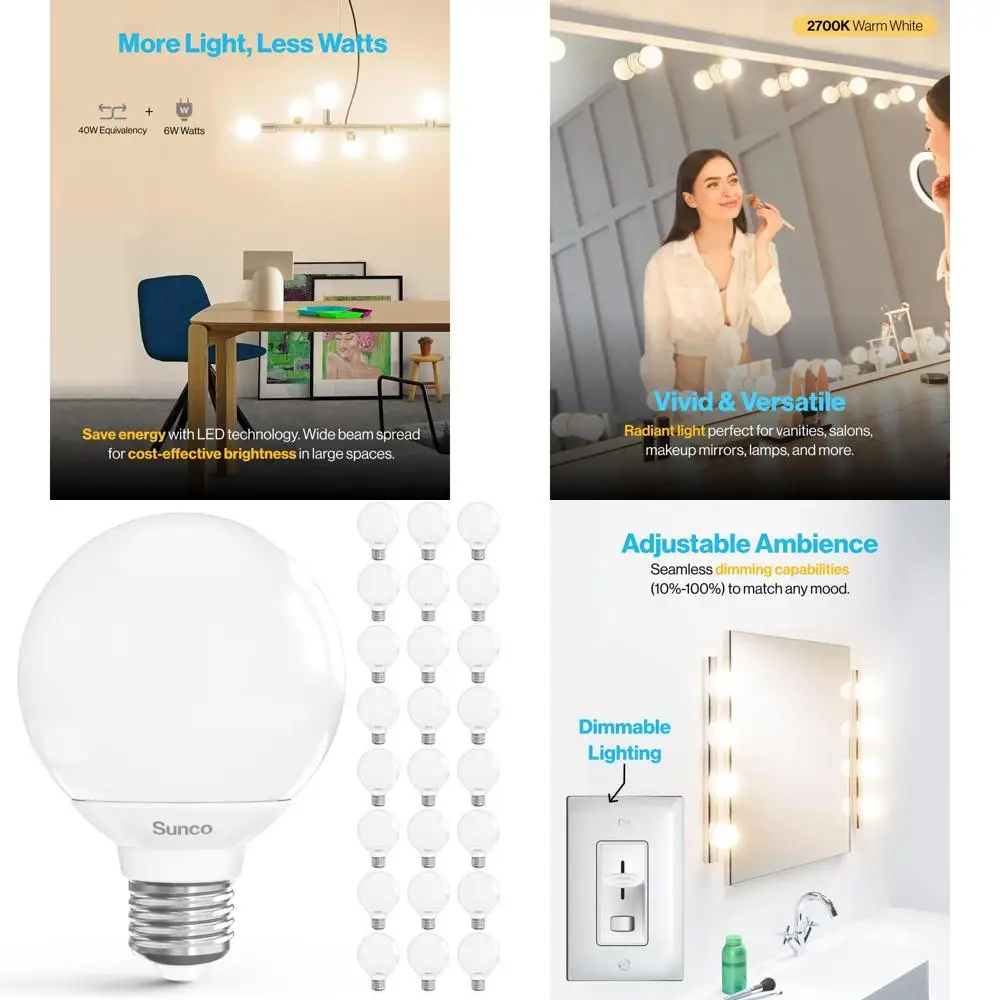 

Набор из 24 светодиодных лампочек для ванной комнаты, 6 Вт, с регулируемой яркостью, 450 люмен, 2700K, мягкий белый свет, цоколь E26