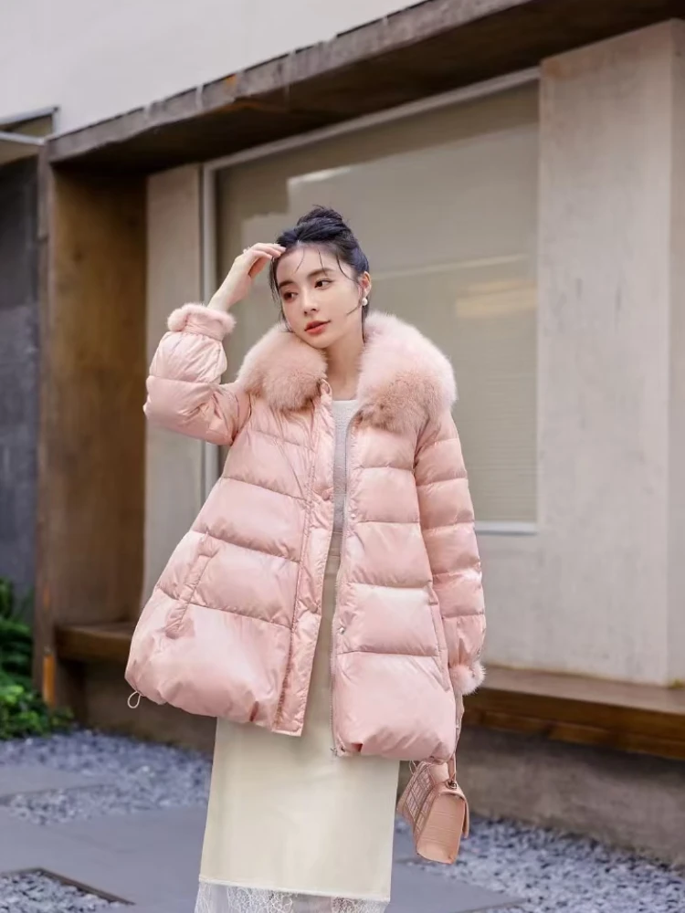 

Winter 2024 New Down Jacket Women Chinese Pink Removable Fox Fur Collar Overcoat 90 White Duck Down Thick Warm Mid-length Coat