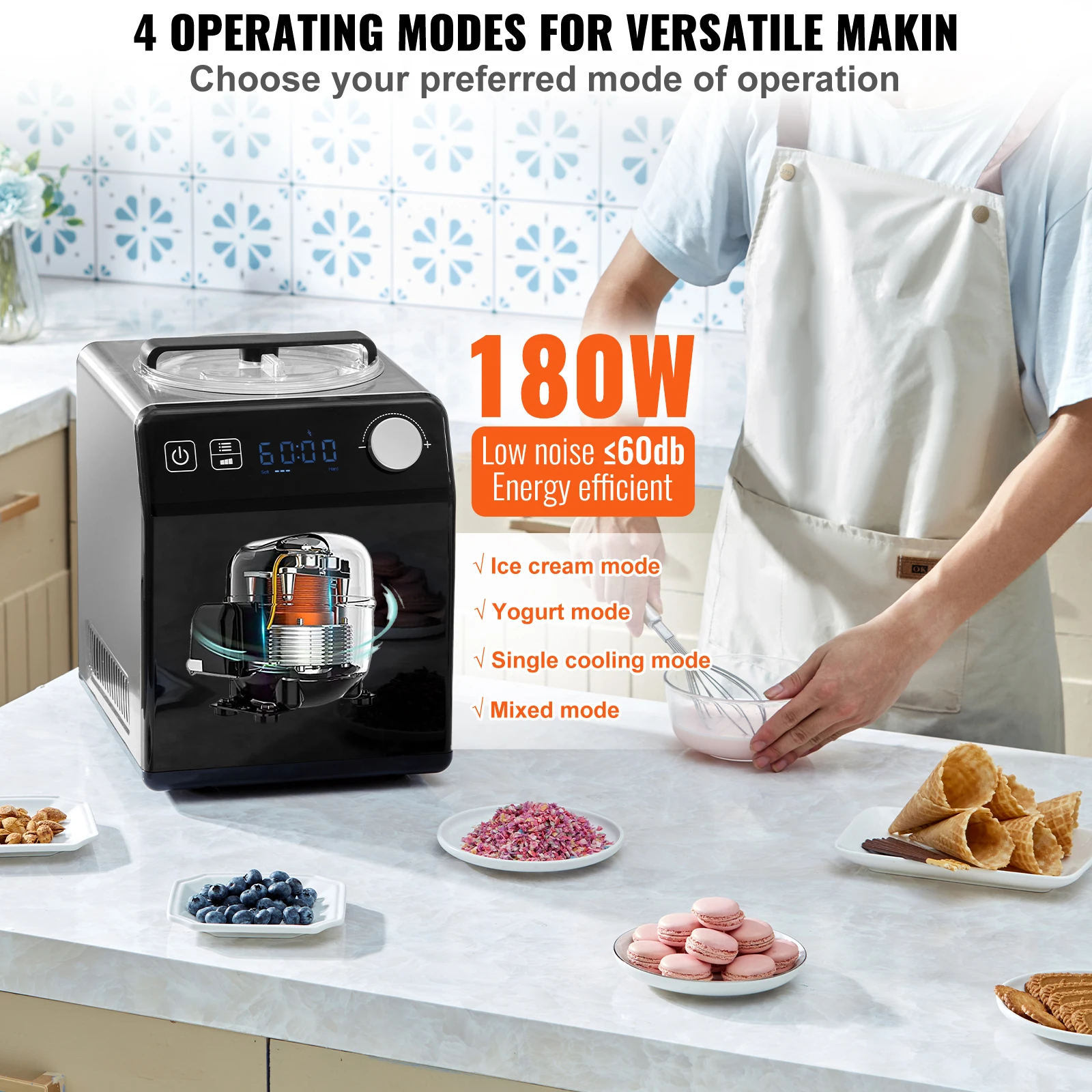 VEVOR Upright Automatic Ice Cream Maker with Built-in Compressor, 2 Quart No Pre-freezing