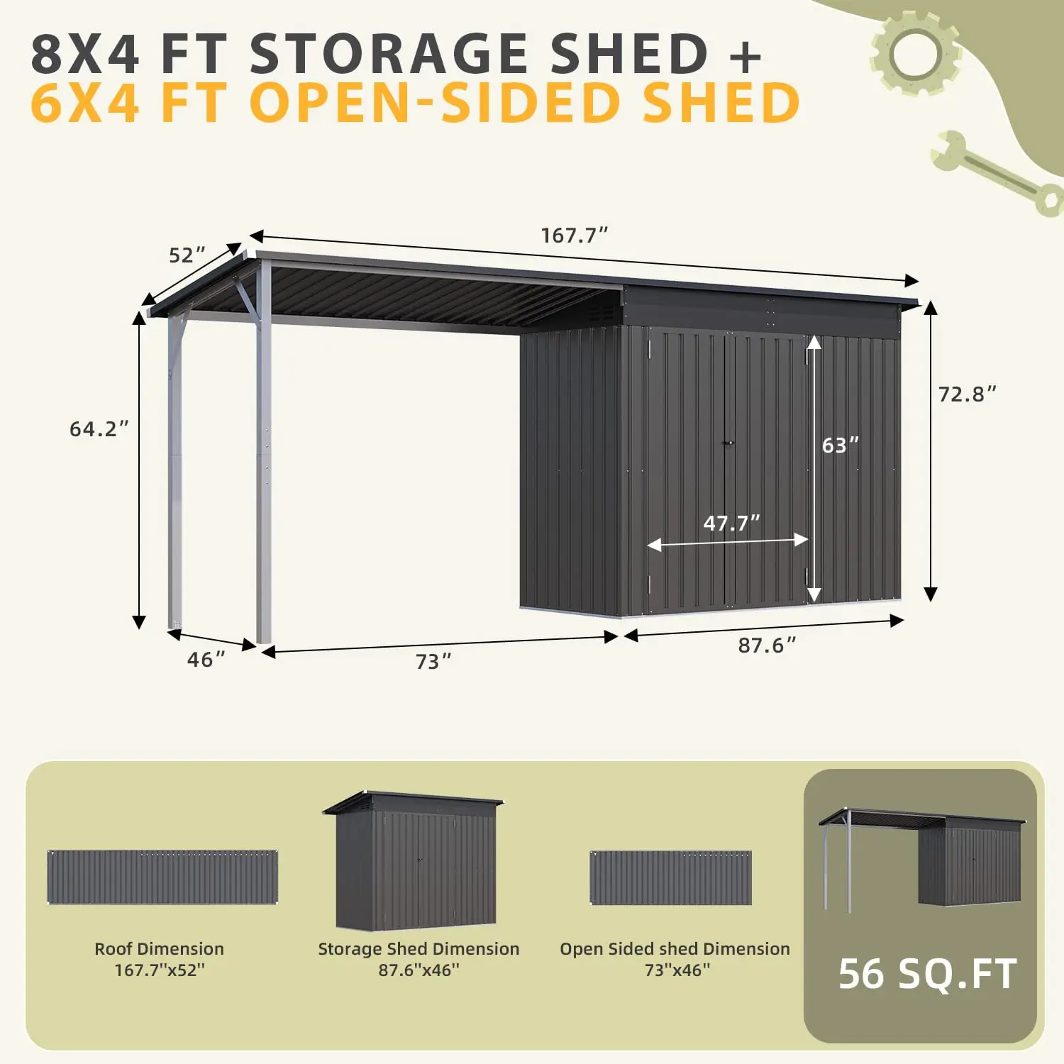 8x4 FT Outdoor Shed & Gazebo Combo 14x4 FT Metal Lean-to 6x4 FT Pergola Lockable Waterproof 2-in-1 Bike Shed Patio, Customized
