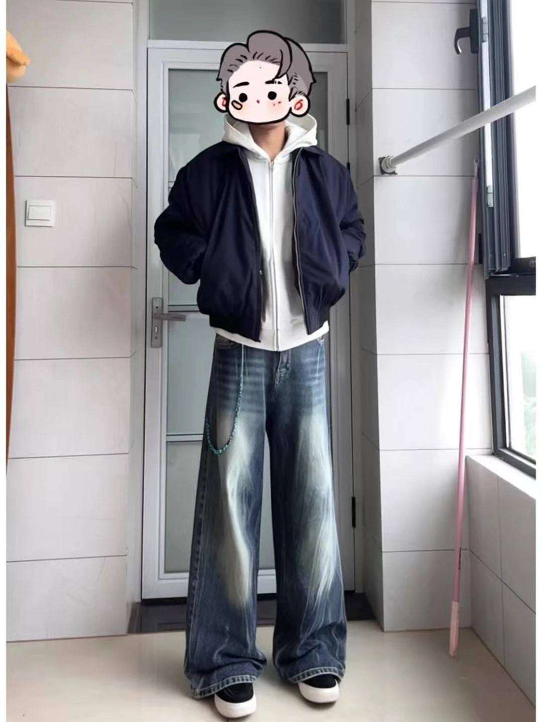 

Cleanfit Men's Fce Lined Flared Jeans Lightning Pattern Winter Casual Wide Leg Knife Pants mid Waist Zipper Fly