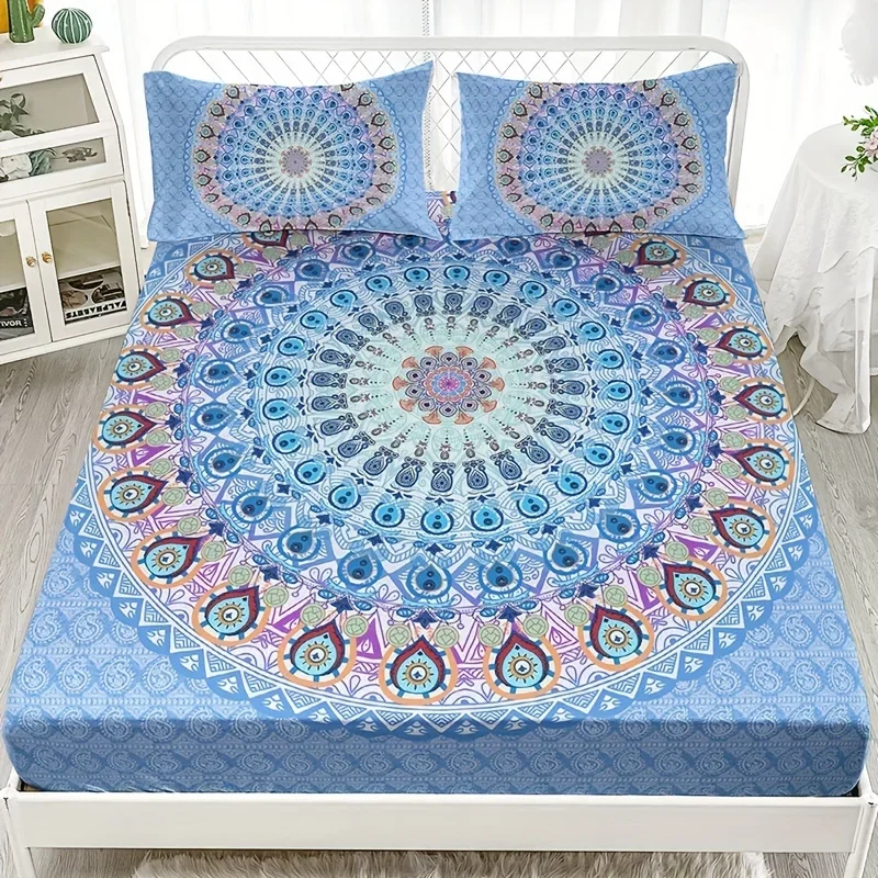 

3-Piece Vibrant Blue Mandala Bohemian Fitted Sheet Set - Soft Breathable HD Printing Bedding for Home Dorm - Includes 1 Fitted