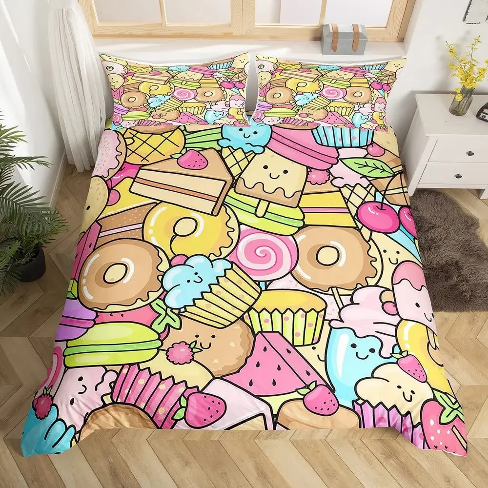 Kids Ice Cream King Queen Duvet Cover Girly Lovely Shiny Food Bedding Set Leopard Print Comforter Cover Polyester Quilt Cover