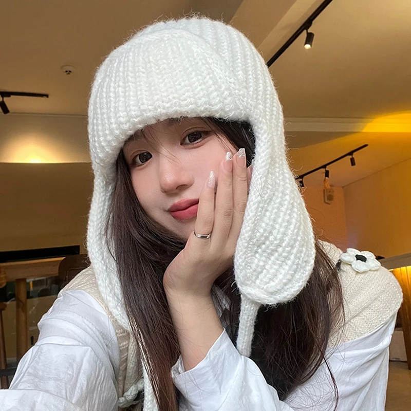 Ear Protection Knit Hat Winter Warm Cold Proof Flying Cap Solid Color Woolen Crochet Bonnet Korean Women Beanie