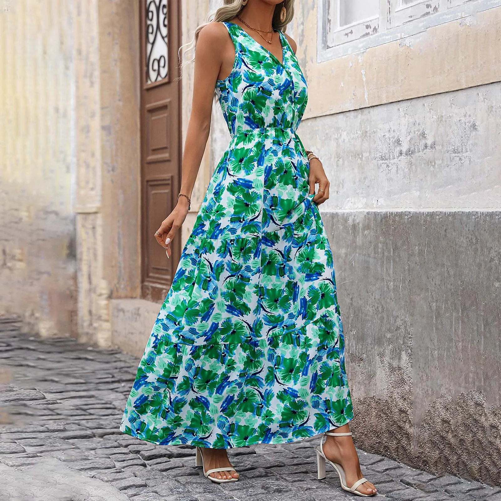 Vestido maxi floral sem mangas feminino, vestido praia boho, vestido elegante de noite feminino, vestido de verão, 2021