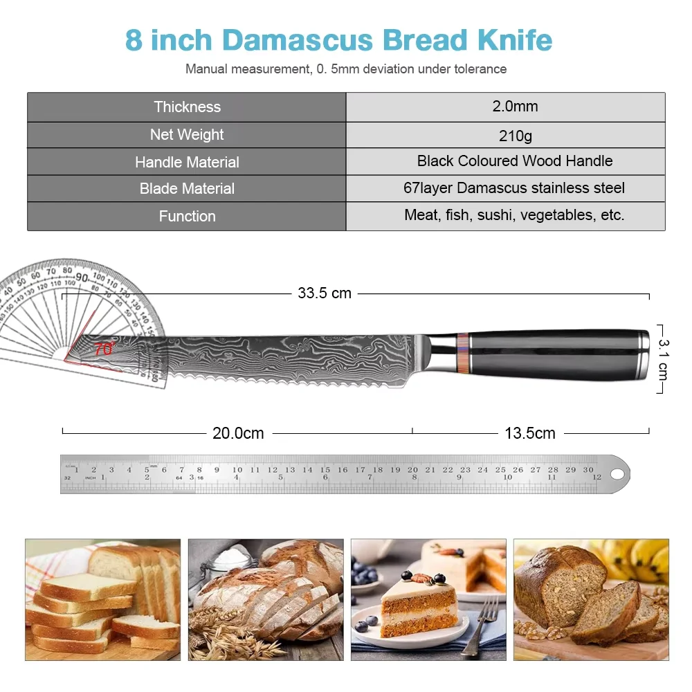 8 Inch Japanese VG-10 Damascus Steel Serrated Bread Knife - Pro Chef's Tool for Home & Commercial Kitchens with Ergonomic Handle