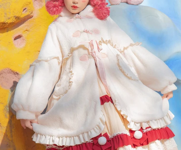 Lolita jas winter verdikte schattige ruches pluche warme lange mouw losse jas lief meisje kerst grote schommel witte vetermantel