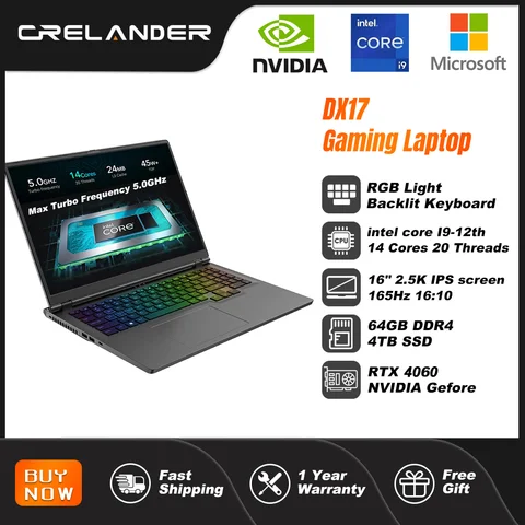 CRELANDER 노트북 게임기 16형 Intel Core i9 프로세서 2.5k IPS 화면 165Hz RTX 4080 RAM 64GB 4TB SSD 노트북 게임용 노트북
