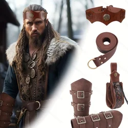 Renaissance Medieval Viking Costume Props PU Belt Drawstring Pouch Bracers With Embossed Headband Halloween Cosplay Costume LARP