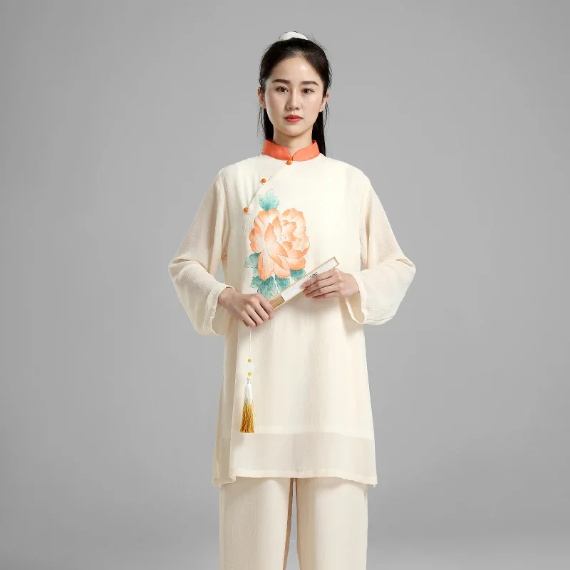 Tai Chi Clothes Women Wushu Clothes Kung Fu Competition Clothes Martial Art Uniform Wrinkle Free Hand Painted 2022 Beige