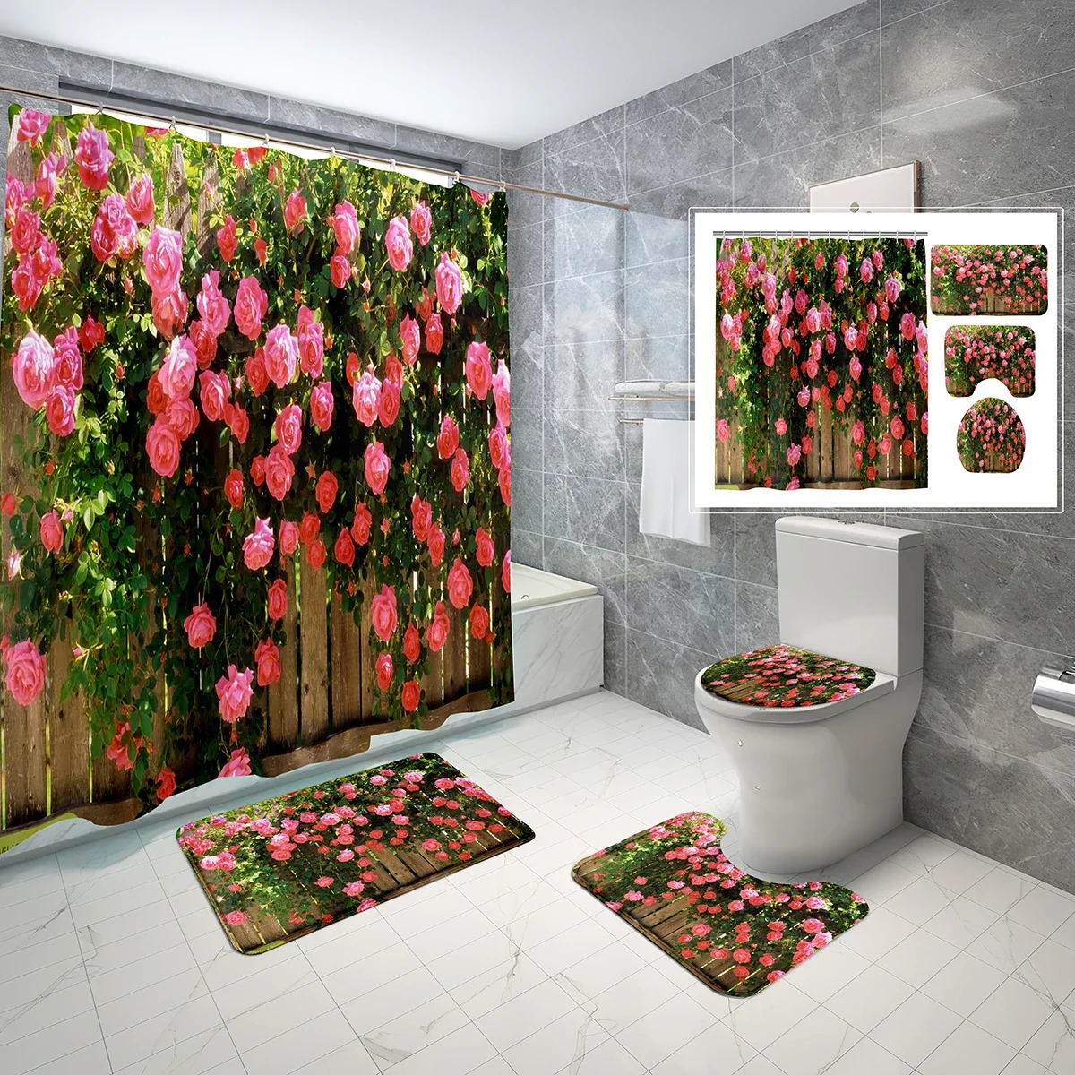 

4 Pcs Flower on The Wall Shower Curtain Sets with Toilet Lid Cover and Non-slip Bath Mat Creativity Design Shower Curtain Set