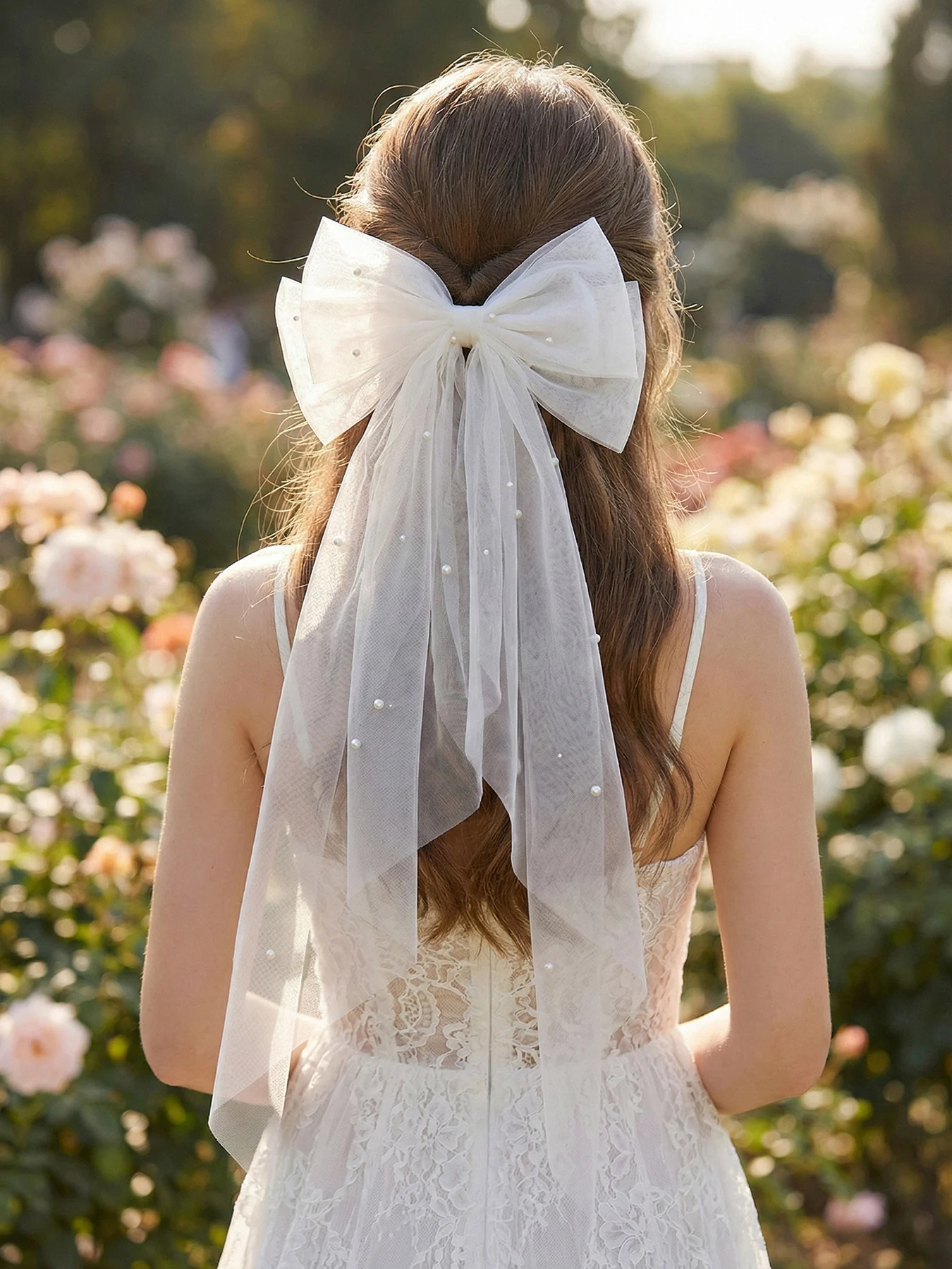 White Short Style Pearl Bow Veil Hair Clip Bridal Veil Hair Accessories Fashion Children's Shawl Veil Headdress