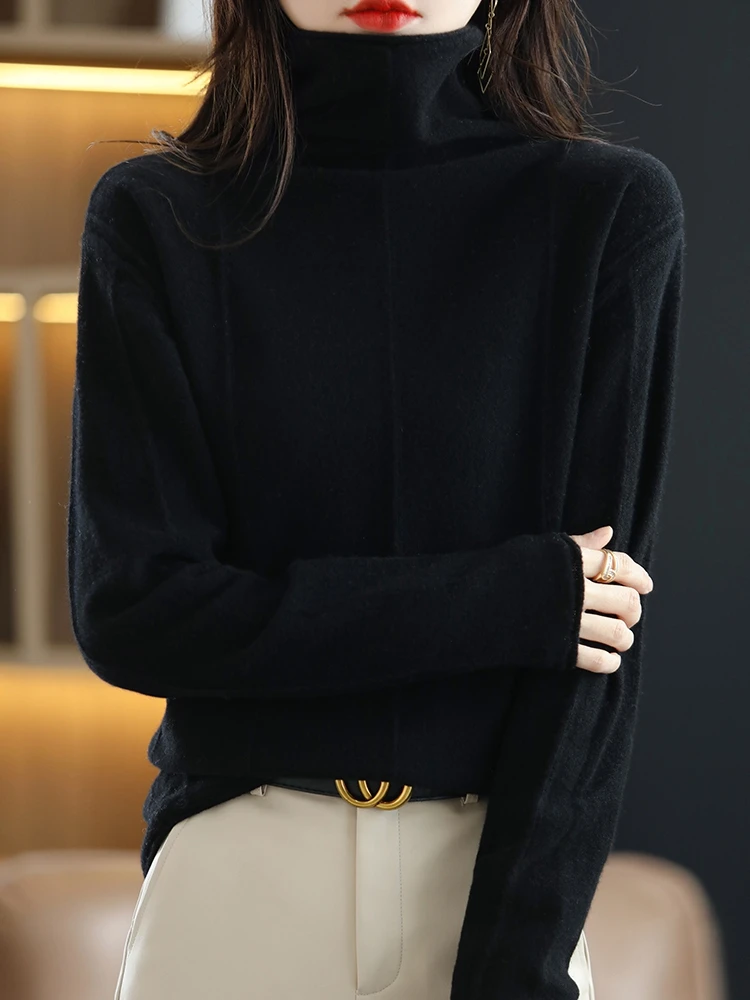 100% Merino Wool Knitwear Women Turtleneck Pullover Sweater Autumn Winter Basic Soft Warm Bottoms Female Clothing Tops