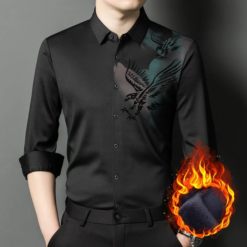 

High-End Fleece-Lined Long Sleeve Men's Shirt Winter Warm Trendy Slim Fit Elastic Business Casual Shirt City Walk Cotton 100%