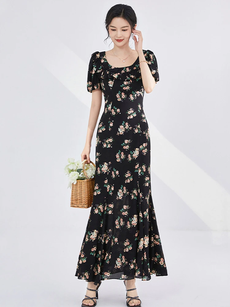 กระโปรงยาวทรงเอ ผ้าไหมพิมพ์ลายดอกไม้ สำหรับผู้หญิง คอลเลคชั่นฤดูร้อน 2025 รุ่นใหม่ เอวสูง ทรงยู