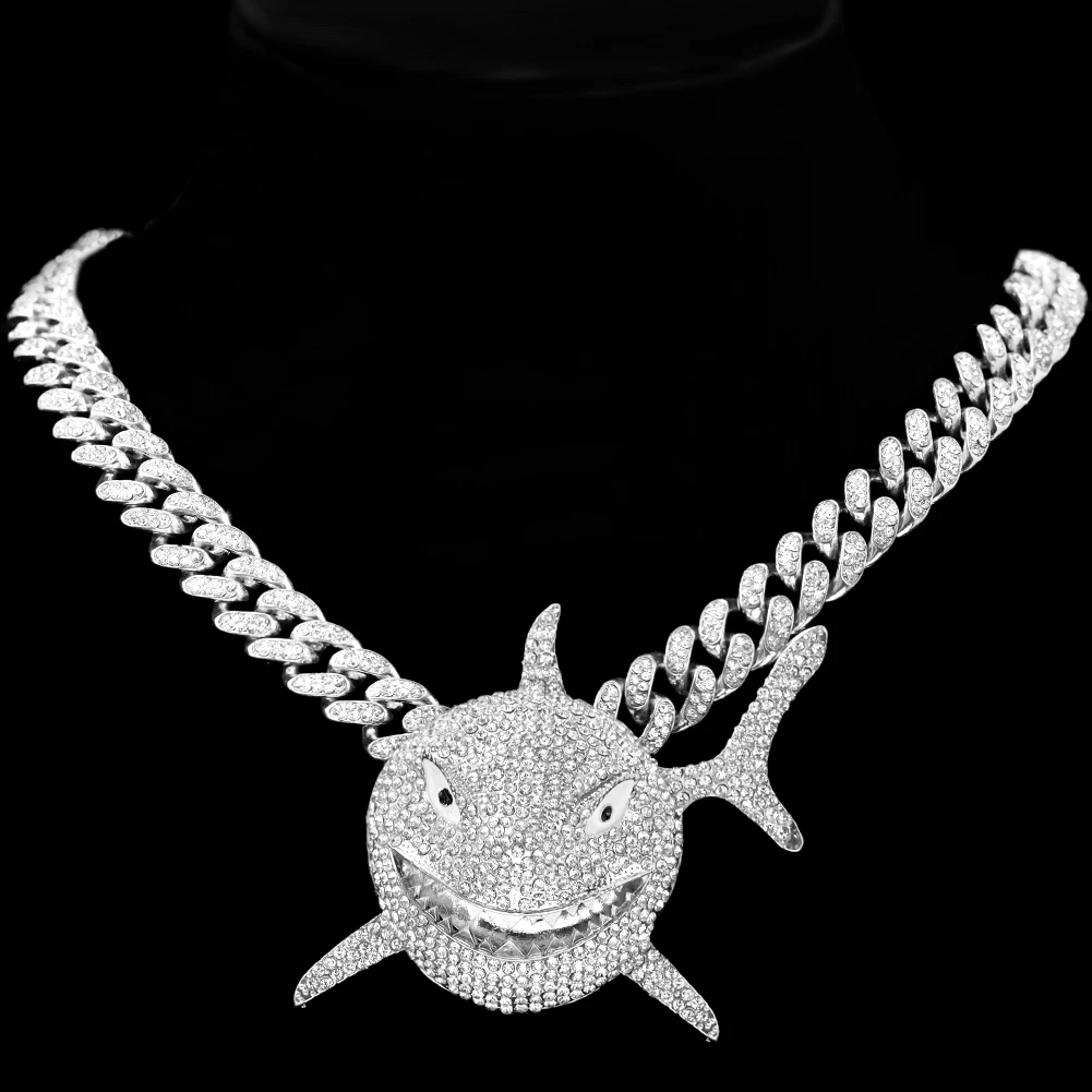 HipHop Iced Out Chains Shark Pendant Cuban Link Necklace for Men Women CZ Tennis Chain Stainless steel Rope Chain Choker Jewelry