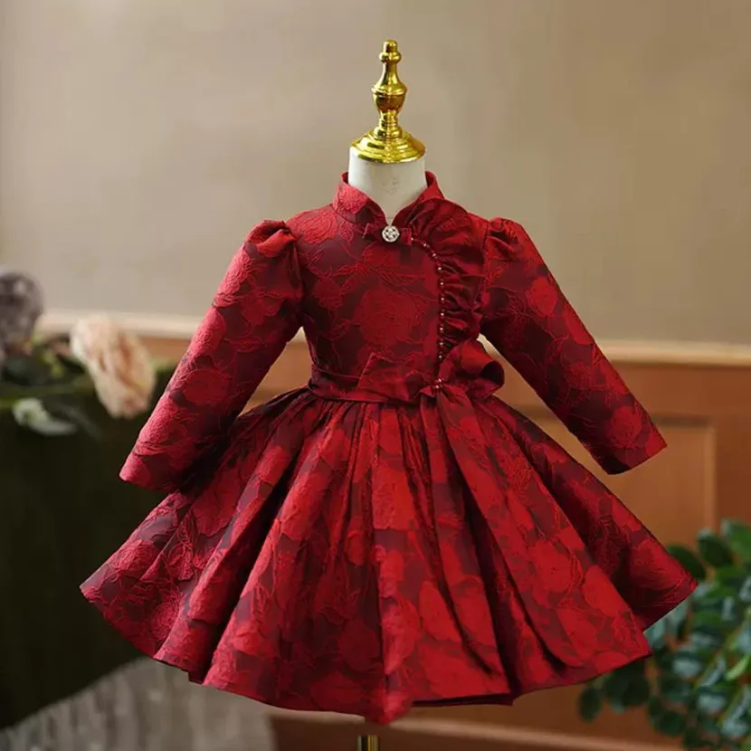 2024 New Children\'s Evening Gown Bow Design Spanish Vintage Girls Birthday Baptism Party  Red Dresses For Eid A2051