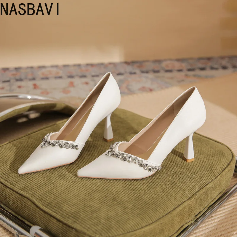 

NASBAVI Pointed Toe High Heels Women's Shoes French Style Wedding Shoes Diamond Embellished Low Cut Satin Finish Comfortable