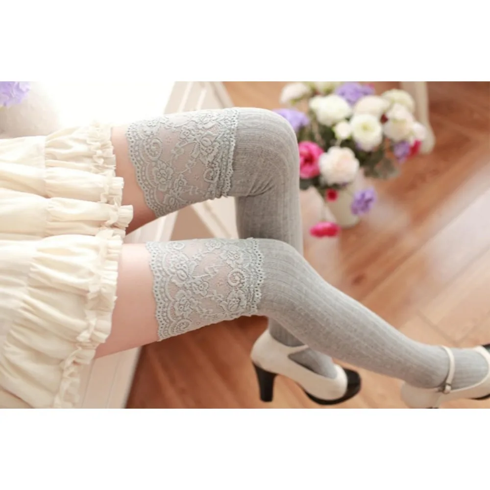 Thigh High Socks for Women Fashion Lace Top Cotton Long Stockings Over the Knee Leg Warmer