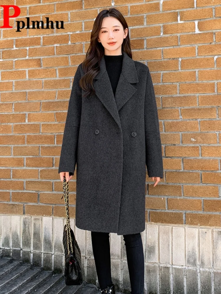 

Thickened Warm Woolen Abrigos Coat Elegant Korean Fashion Baggy Suit Casaco Women's Casual Mid-Length Lapel Parkas Outerwear