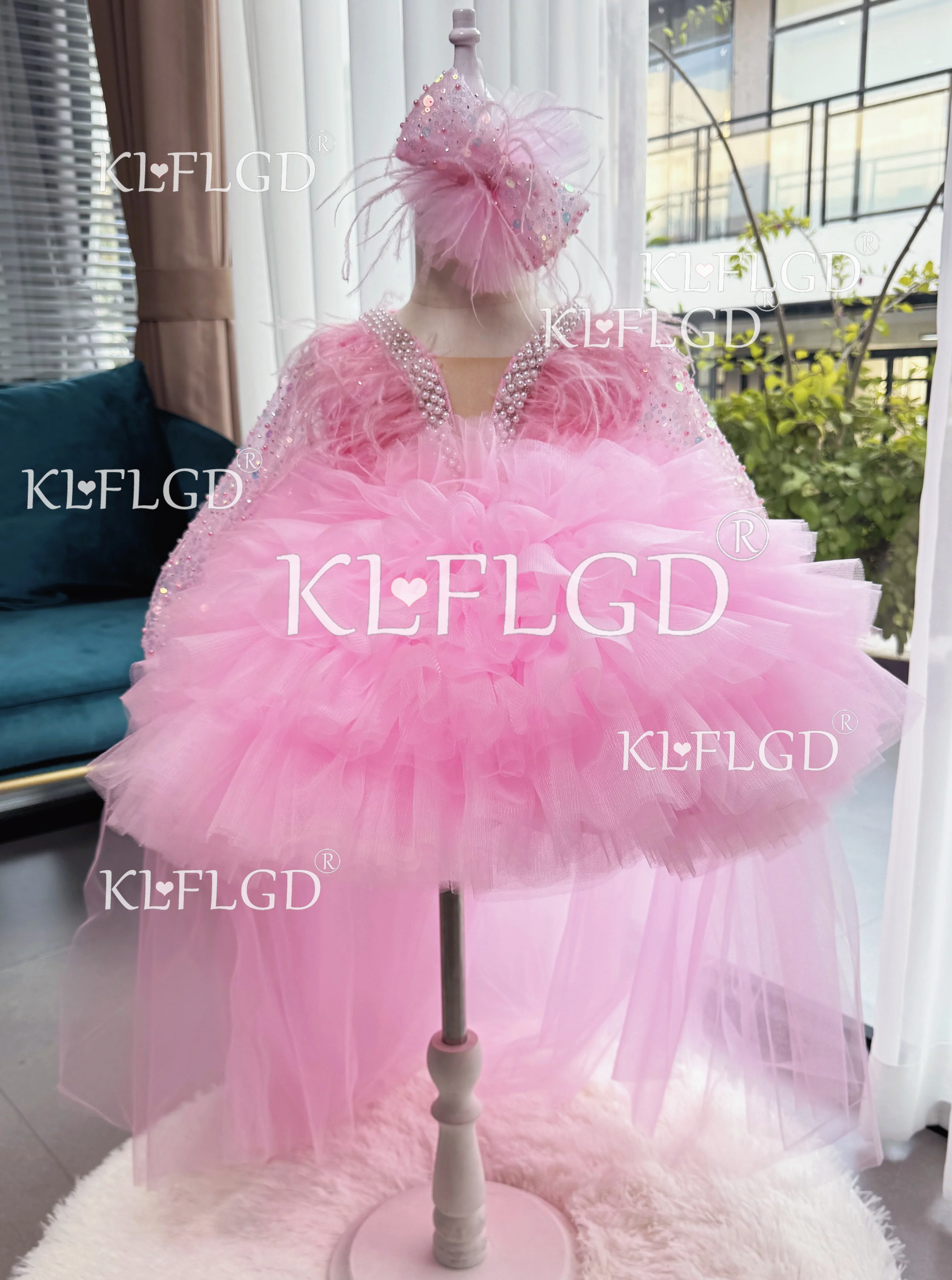 Girl's elegant pink dress, children's tail -tail handmade dress wedding birthday festival party girl clothing 2025 new