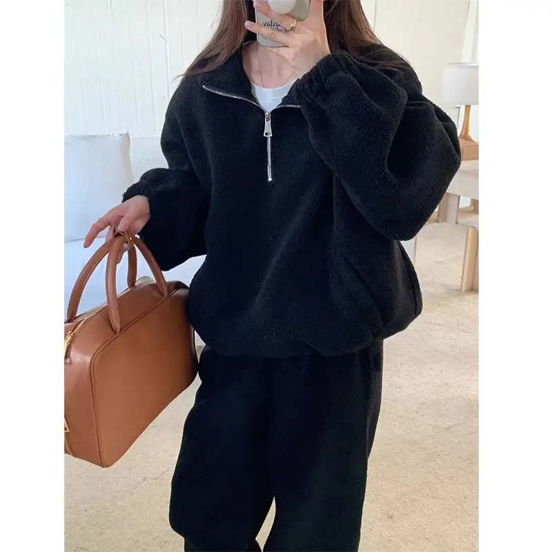 2023 Korean Spring Autumn Retro Lamb Fleece Standing Neck Zipper Drawstring Sweater+Elastic Waist Strap Casual Pants Set