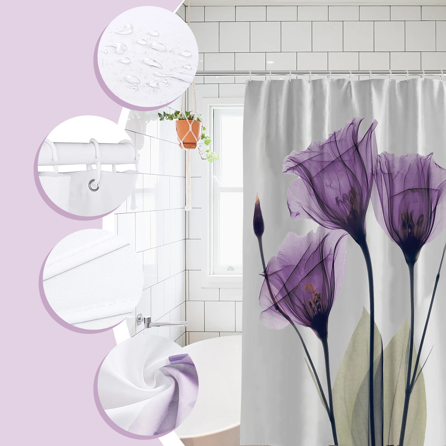 Shower Curtain for Bathroom with 12 Hooks Waterproof 180*180cm