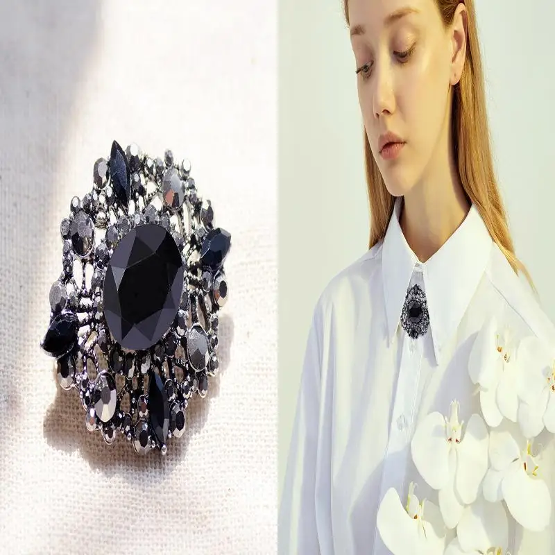 Stunning Retro Luxurious Brooch Embellished with Black Rhinestone and High-grade Stone in Baroque Style