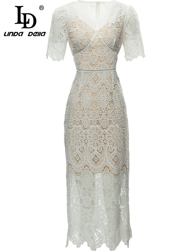 

LD LINDA DELLA New 2023 Summer Fashion Women Solid Color Elegant Midi Pencil Dress Sexy Slim Hollow Out Embroidery Dresses