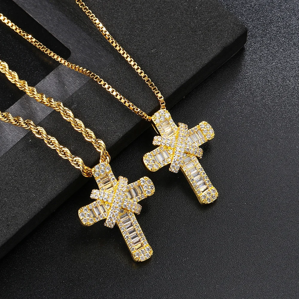 Rapper Hiphop Iced Out CZ Cross Pendant Necklaces for Men Stainless Steel Rope Box Chain on Neck Punk Homme Trend Jewelry OHP142