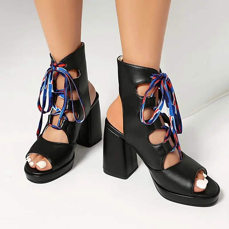 ORCHA LISA Sandal Wanita Desain Baru Hak Blok Ujung Bulat 9Cm Platform 1.5Cm Berenda Ukuran Besar 41 42 Sepatu Wanita Kencan Fashion