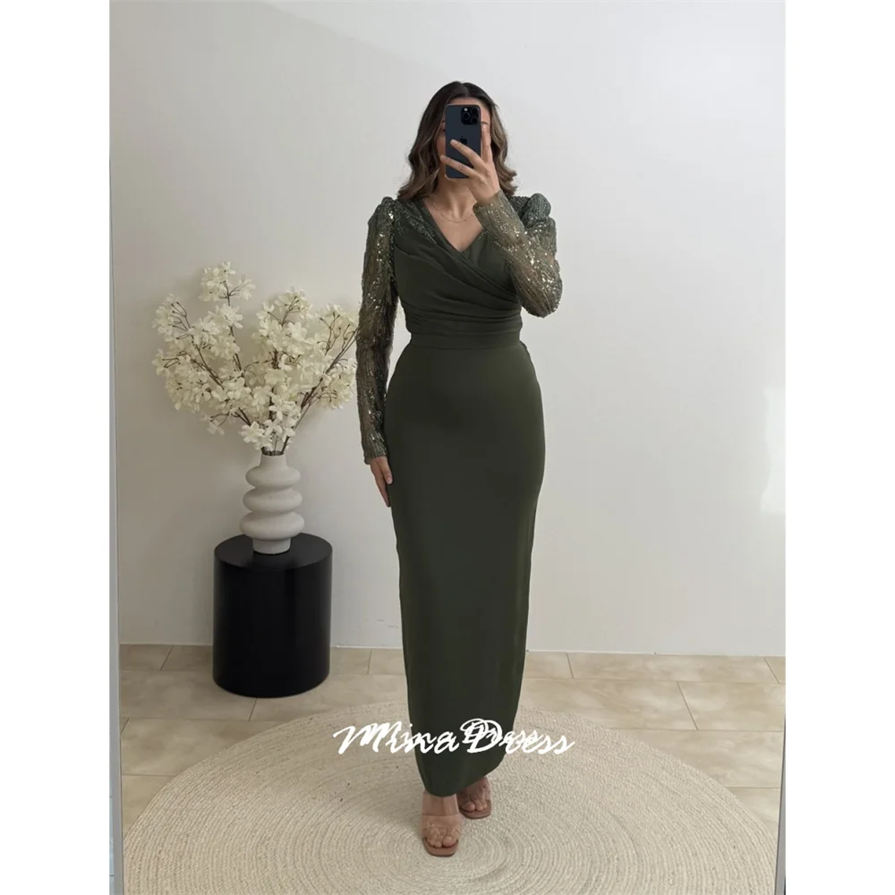 

Mina индивидуальное арабское вечернее платье с бусинами, роскошные элегантные вечерние платья, женские платья с v-образным вырезом и длинными рукавами для особых мероприятий