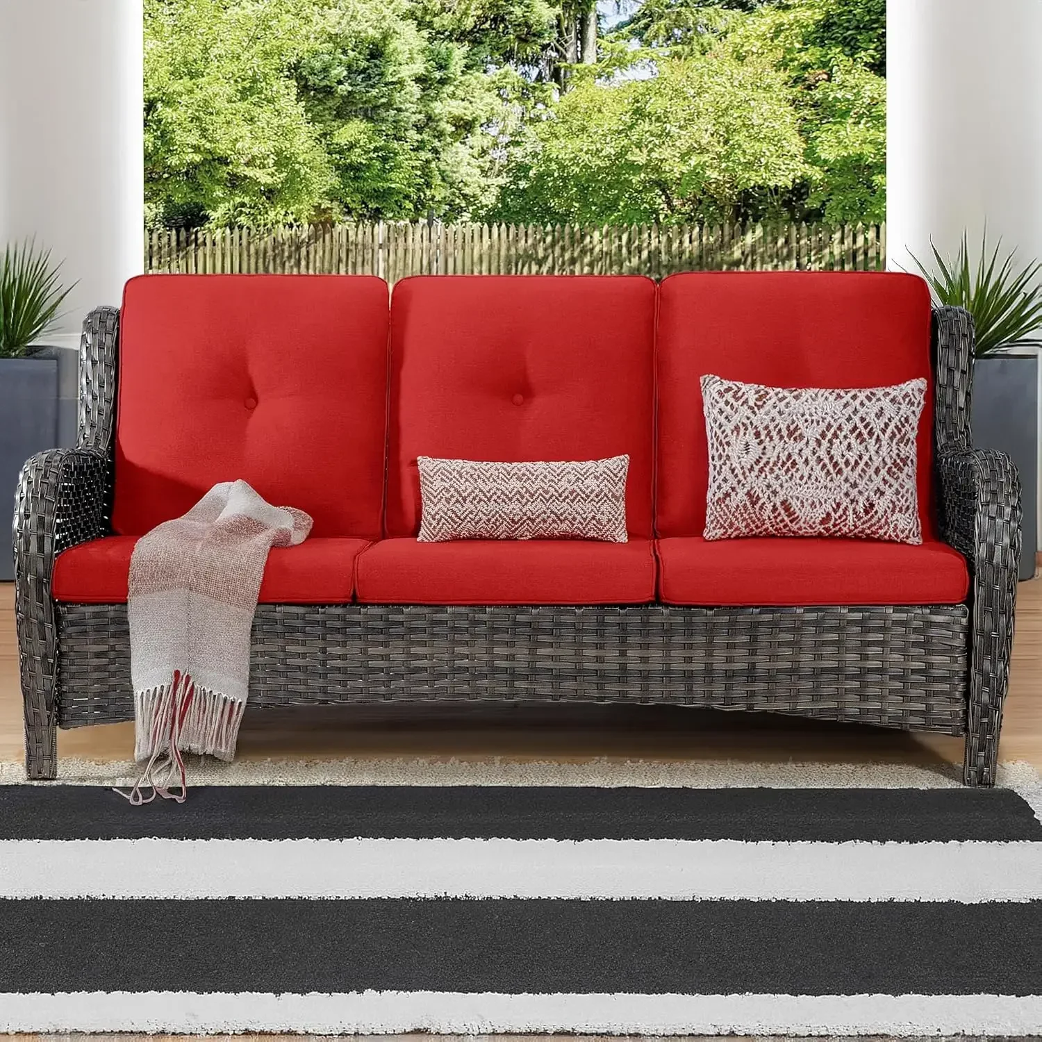 Joyside Outdoor Patio Couch Wicker Sofa - 3 Seater Rattan Sofa for Outside Patio Garden with Deep Seating and Olefin Cushions(Mi