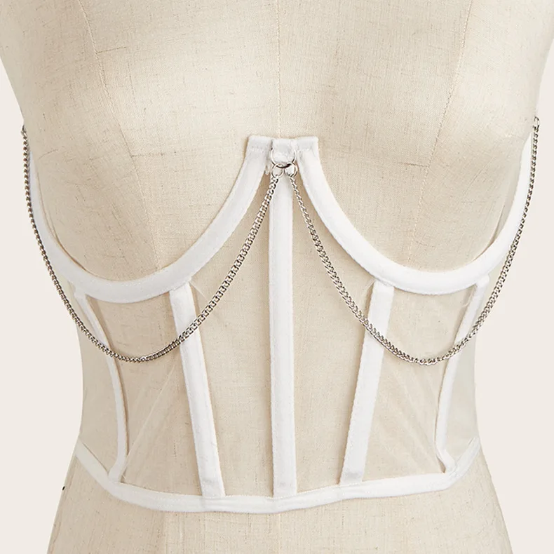 فاسق سلسلة معدنية أسود أبيض وردي مشد القوطي مثير عالية الخصر القمم المشدات Harajuku خمر شبكة انظر من خلال Cummerbunds