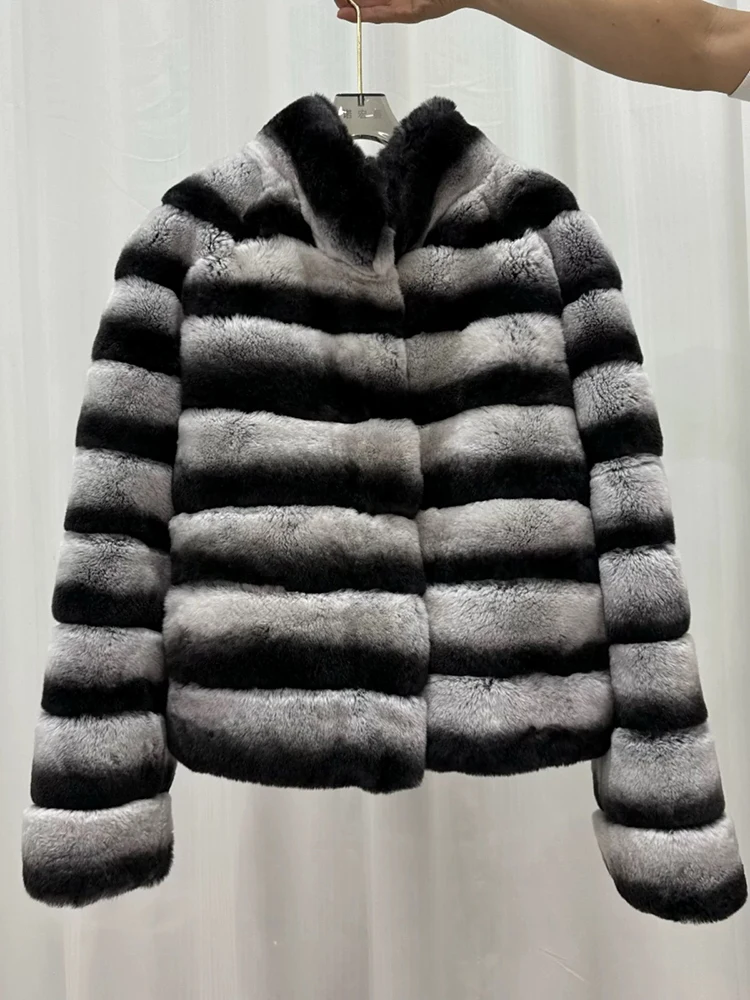 2024 New Arrival Women Winter Chinchilla Striped Soft Natural Rex Rabbit Jacket Coat Real Rex Rabbit Fur Collar Outerwear