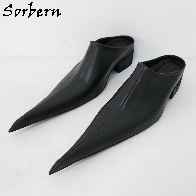 Sorbern Low Squre Heel Women Pump Mules Long Pointed Toes Slip On Shoes Real Leather Comfortable Shoes Custom Colors