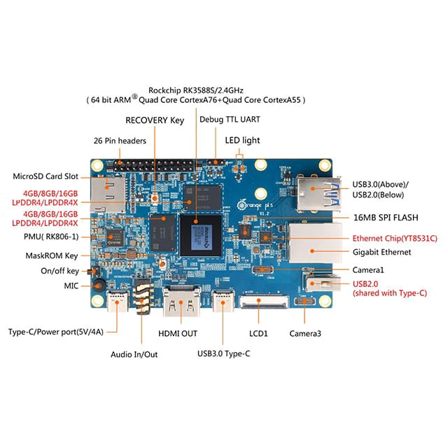 Orange Pi 5 4GB 8GB 16GB RAM Support 8K Video PCIE optional USB WiFi BT adapter OPI 5 for single board computer