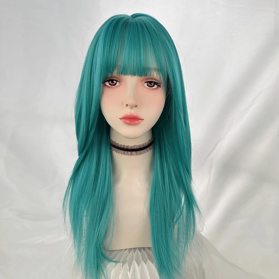Peluca sintética larga y lacia color verde azulado con flequillo, para mujer, esponjosa y resistente al calor, para uso diario y fiestas 4