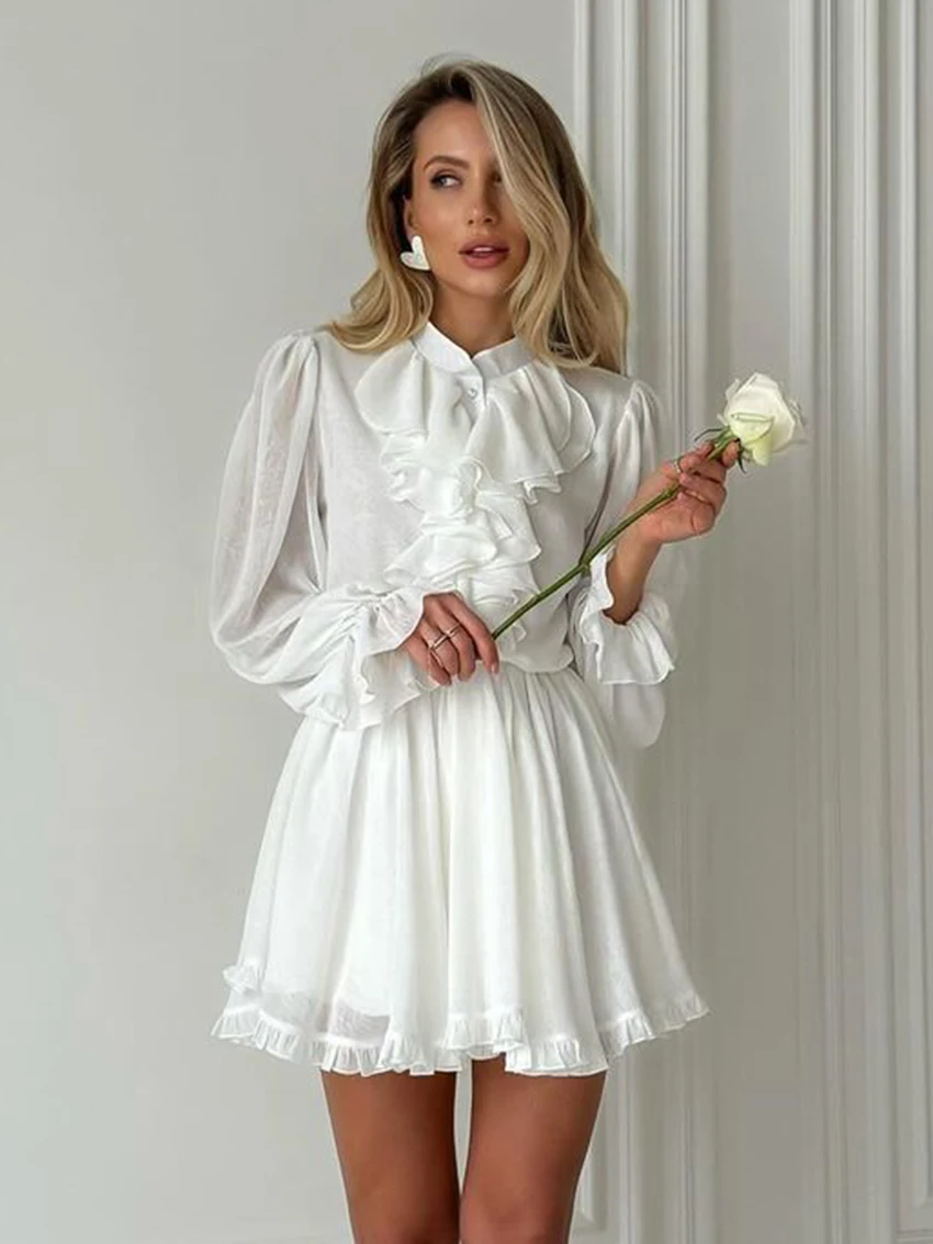 

Marthaqiqi Fashion Women Nightgowns O-Neck Sleepwear Long Sleeve Nightwear Elastic Waist Mini Dress White Ladies Pajamas Chiffon