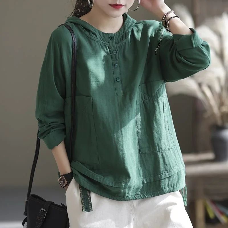 Women\'s Cotton Linen Hooded Shirt Vintage Spring Loose Thin Pullover Long Sleeve Top Simple Plus Size Solid Blouses Ladies Tops