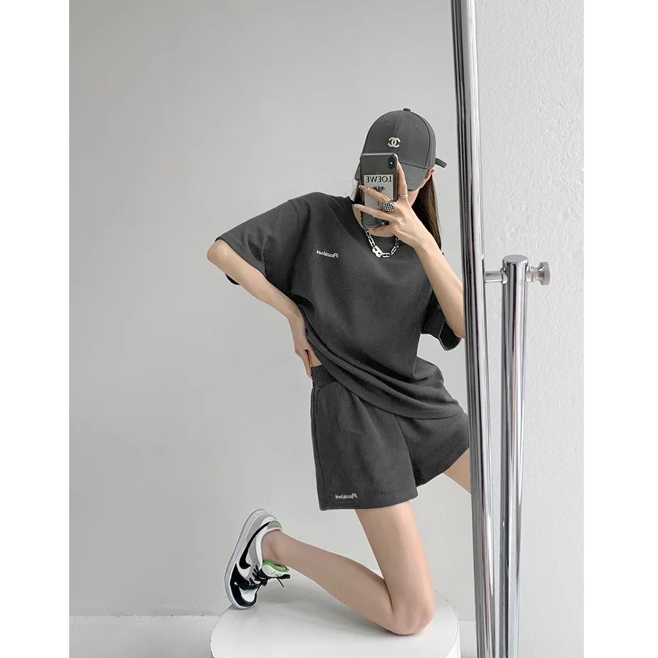 Summer Solid Color Women Short Sleeved Thin Style Waffler Shorts Refreshing Round Neck Loose Casual Comfortable Two Piece Set