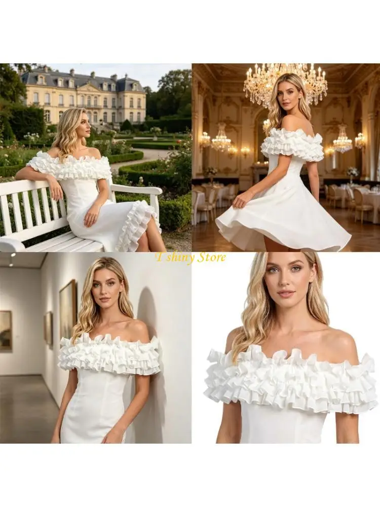 N58F Stylish Off Shoulder Shawl Wedding Capelet White Ruffled Flouncing Neckline