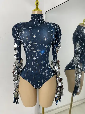 Sparkly Diamonds Luxury Women Sequins Strechy Sleeve BBodycon Sexy Singer Performance Stage Nightclub Outfit Dancer Costume
